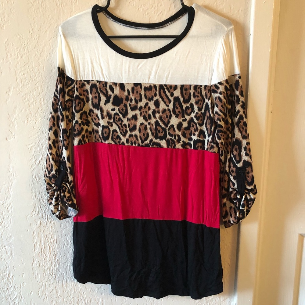 Animal Print Color Block Blouse (Red)